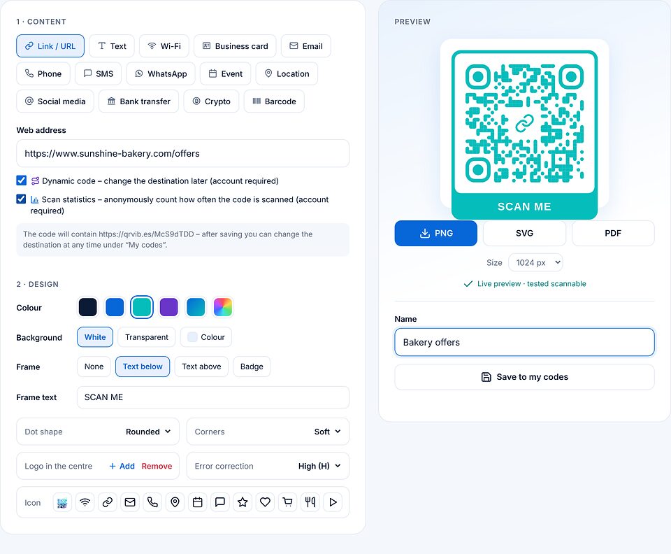 動的コードとスキャン統計のオプションにチェックを入れた作成ページ。コードに含まれる短縮リンクが案内表示されています。