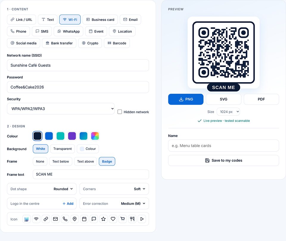 Wi-Fiコード：ネットワーク名 Sunshine Café Guests、パスワードと暗号化 WPA/WPA2/WPA3、SCAN ME 入りの Badge フレーム。