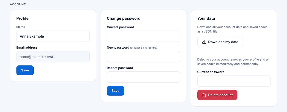 アカウント欄：プロフィール、パスワード変更、データ（データのダウンロード、アカウント削除）。
