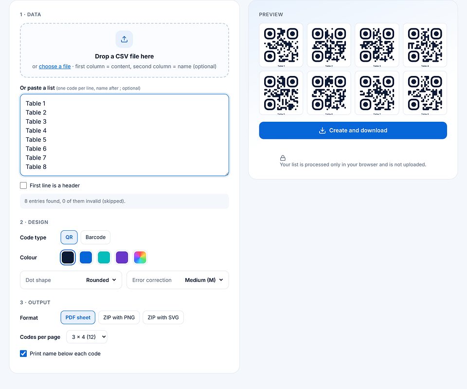 一括作成ページ：Table 1〜Table 8 のリスト、デザイン設定、1ページ12個のPDFシート出力、名前付き8個のコードのプレビュー。